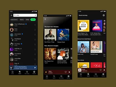 Streamlined Sounds: A Sleek Redesign of the Ultimate Music Disco albumart animation appconcept branding darkmodeui designinspiration interactiondesign minimaldesign mobileappdesign mobileinterface modernui musicapp musicplayer playlists searchinterface spotifyclone ui uiux userexperience uxuidesign
