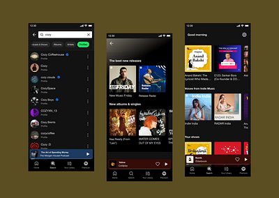 Streamlined Sounds: A Sleek Redesign of the Ultimate Music Disco albumart animation appconcept branding darkmodeui designinspiration interactiondesign minimaldesign mobileappdesign mobileinterface modernui musicapp musicplayer playlists searchinterface spotifyclone ui uiux userexperience uxuidesign