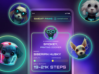 SweatPaws: Dog Health Quiz for Gen Z ai animation crypto cyberpunk dark dog fitness future futuristic health illustration mobile mobile ui neon nft quiz ui ux web web design