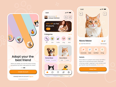 Pet Adoption Mobile App UI – Find Your Furry Best Friend adoptdontshop adoption animal app app design arobix design figma ios design mobile app mobile design pet pet adaptation app pet app pet marketplace petadoptionapp petcare app petrescue shelterpets ui