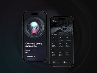 Smart Camera Mobile App UI - iOS & Android Application advance feature ui ai app ai camera ai ui ai uiux app design b2b black interface clean design dark filter illustration image recognition ai ios camera minimal mobile app mobile ui software ui