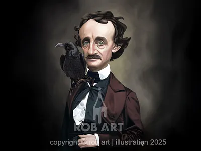 Edgar Allen Poe Caricature caricature celebrity digital art digital illustration digital painting edgar allan poe gothic illustration literature photoshop portrait raven victorian vintage