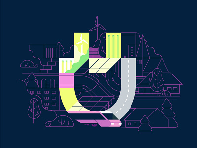Sunly Geometric Solar Illustration branding city community energy geometric hellsjells houses idenity illustration line minimal monoline rail renewable solar train transportation wind turbines