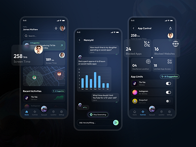 Parental Control Mobile App Design ai airdroid care app childcare children app control control app gps kids kids app location map mobile app parental parental control parental control app parental control ui parenting screen time
