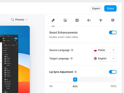 Video Creator - Lip Sync AI ai app create design desktop app edit flat language lightmode lip sync modern panel slider toggle ui ui design ux video webapp