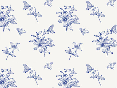 Toile art vintage seamless pattern Clematis flowers. Hand drawn blue botanical butterfly clematis design drawing element fashion pattern floral background floral pattern flowers graphics hand drawn illustration saemless pattern sketch toile vector vintage wedding decor