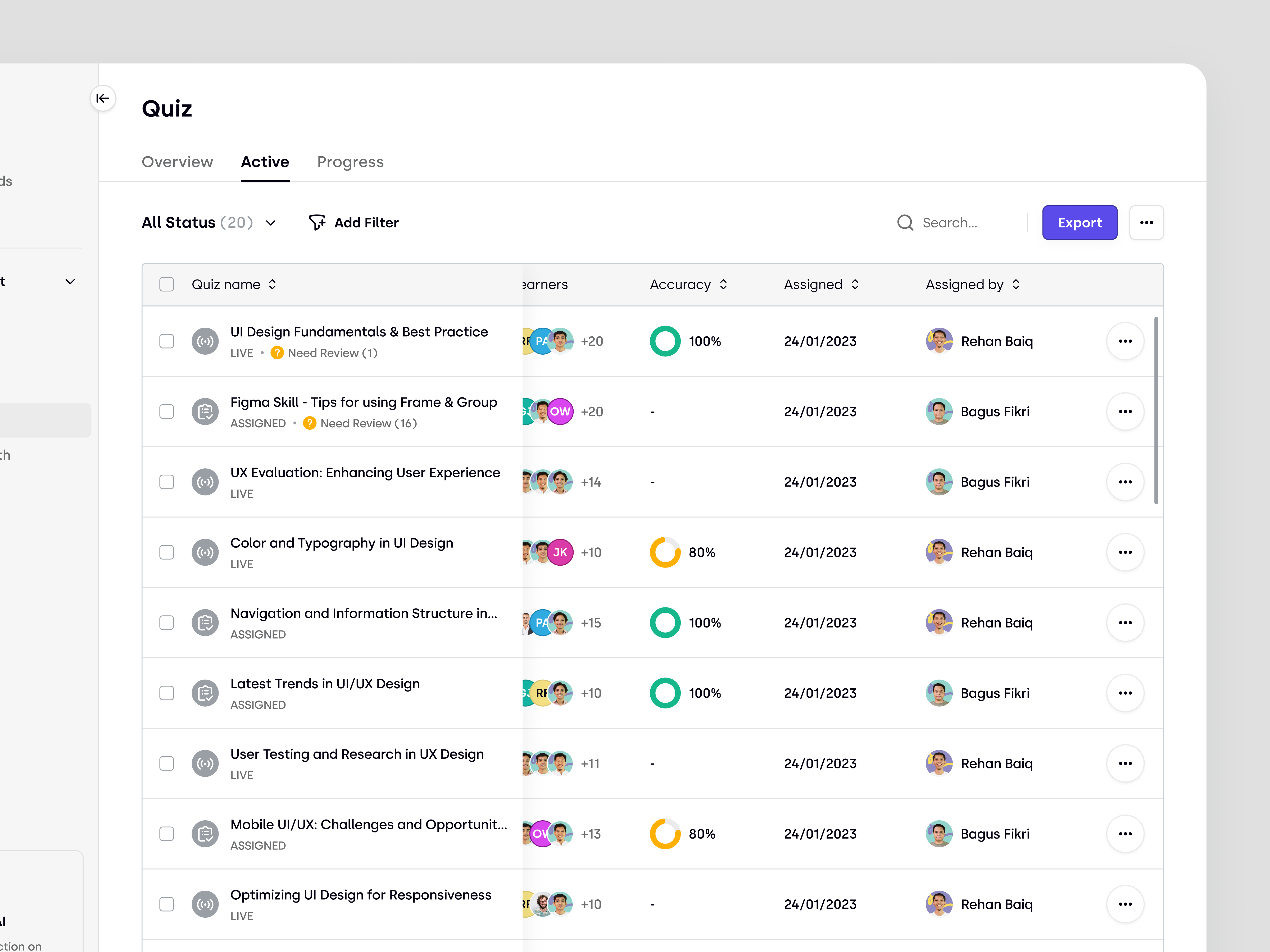 Trenning – Report on Active Quizzes in SaaS LMS dashboard e learning education education platform learning course learning management system learning path lms online course product design report quizzes saas saas design student team training ui ux web design