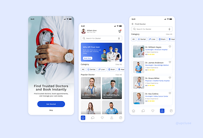 Doctor Booking App UI Onboarding + Search Flow branding graphic design logo typography ui ux
