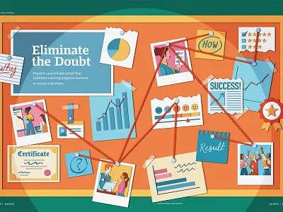 Eliminate the Doubt - TD Magazine board customer service data design detective double page editorial evidence graphs illustration layout magazine paper craft people pins polaroid proof ratings spread