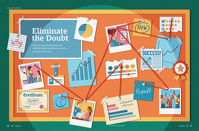 Eliminate the Doubt - TD Magazine board customer service data design detective double page editorial evidence graphs illustration layout magazine paper craft people pins polaroid proof ratings spread