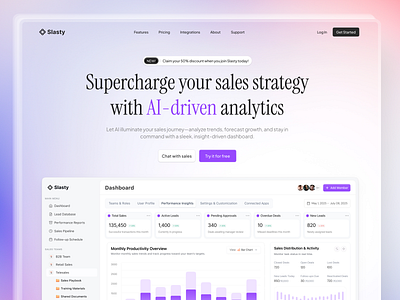 Slasty AI-Powered SaaS Landing Page ai landing page ai powered saas website ai website b2b website crm landing page landing page product design saas saas analytics website saas dashboard saas landing page saas platform saas ui saas website saas website design sales analytics sales analytics landing page sales management software landing page