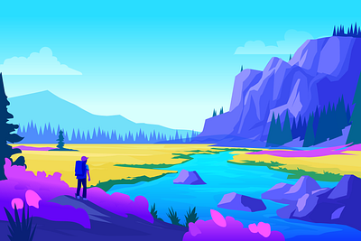 Travel through Wild - National Park Illustration america camping flat illustration graphic design hiking illustration landscape minimal mountains national park nature poster river sky travel vector west wild yellow stone