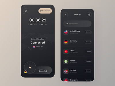 VPN App UI connection design home screen internet ios minimal app mobile ui modern app privacy proxy ui ux vpn vpn service