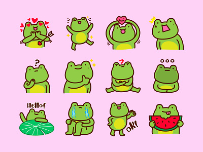 Sam the Lucky Frog WhatsApp Sticker Set 🐸 2d illustration branding character character design character illustration cute character design digital illustration digital stickers frog graphic design illustration sticker design stickers