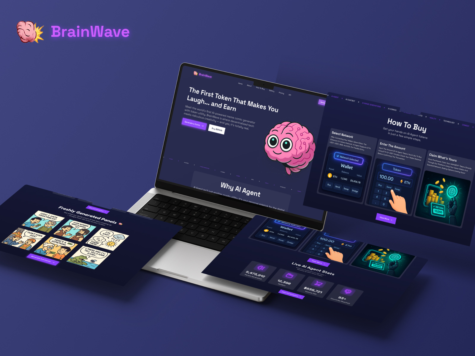 BrainWave - AI Meme Landing Page aiproduct bmvsi brainwave colorfului comicstyle cryptohumor daily ui darkmodedesign design inspiration designsystem dribbble weekly warmup dribbbleshots productdesign tokenutility ui trends web3design