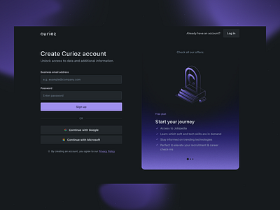 Curioz Platform: Authentication & Account account authentication dark gradient sign up ui