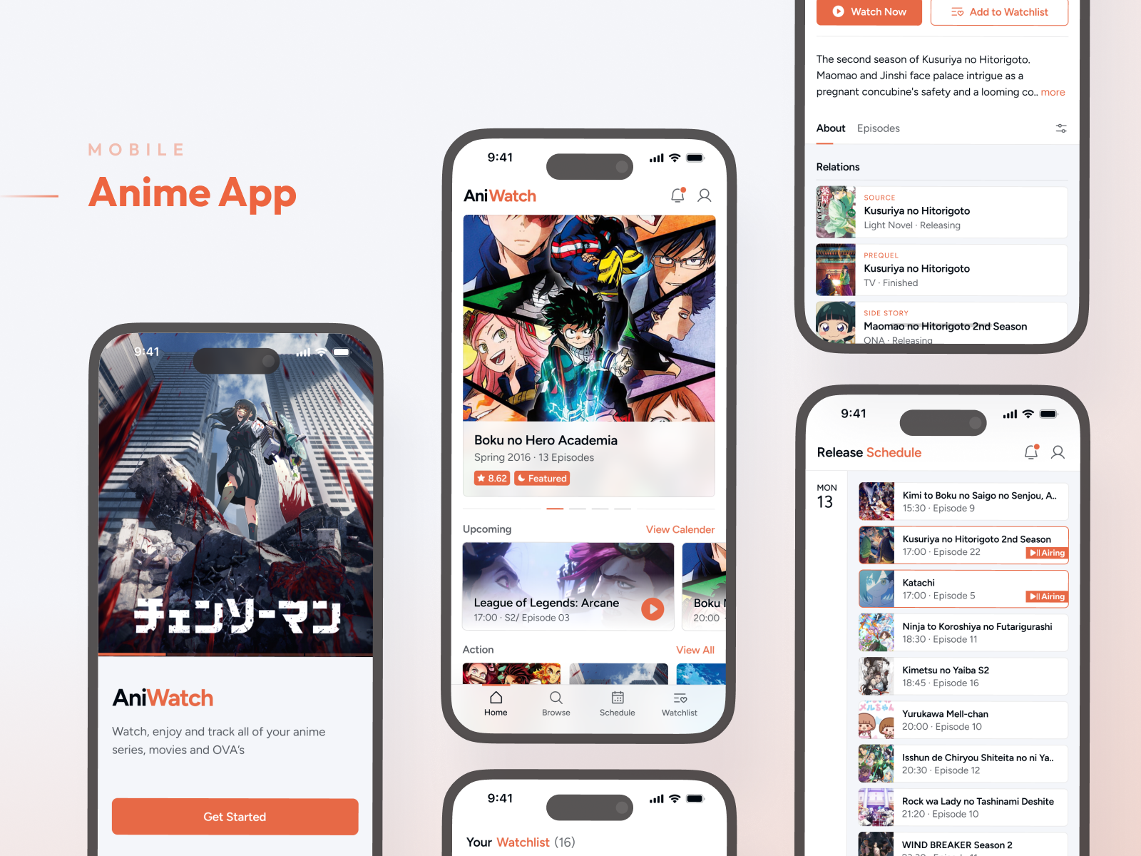 Anime App - Light & Dark Theme anime blue branding calender card ui dark theme home light theme mobile mobile app orange product design schedule screens theme ui ux