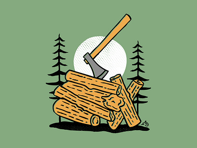 The last chop artlicensing axe campsite choppedwood dailyillustration dennisgoodart firewood handdrawnart loveofoutdoors moonlitforest moonlitscene natureillustration offsetprinting outdooradventure pinetrees rei rusticart sketchbookart woodsy