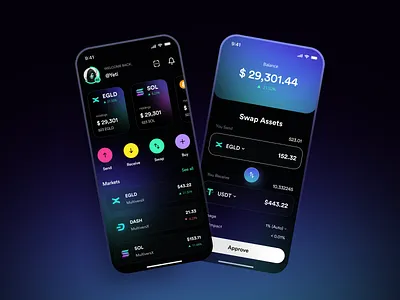 Sleek Crypto Wallet Interface – Swap, Send, Track clean ui crypto dashboard crypto exchange app crypto wallet dark mode defi app defi wallet digital wallet egld figma ui fintech mobile crypto app multiversx next gen wallet product solana wallet swap interface ui wallet ui web3 ui