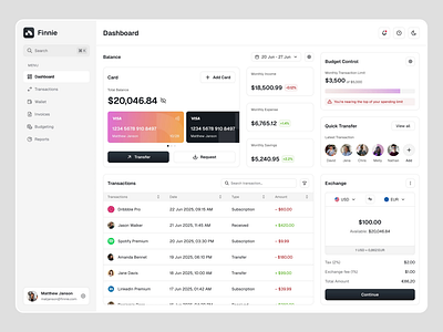 Finnie - Financial Dashboard ai budgeting business card ui clean dashboard finance fintech investment invoice modern payment saas technology transaction transaction history ui ux wallet website