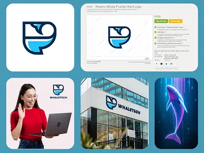 Modern Whale P Letter Mark Logo animal fish identity initial p letter marine sea smart technology whale