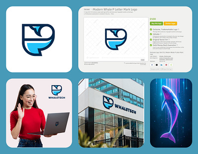 Modern Whale P Letter Mark Logo animal fish identity initial p letter marine sea smart technology whale