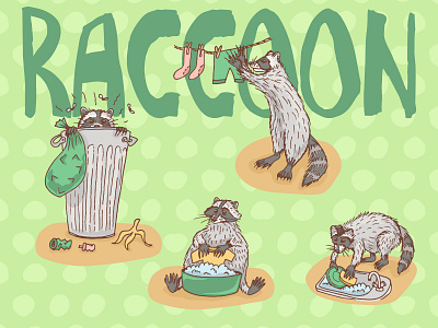 Household Chores hand drawn raccoon illustrations animal art branding clipart design do the laundry fat hamster graphic design hand drawn hang out the clothes illustration marker raccoon rubbish trash vector wash the dishes wild