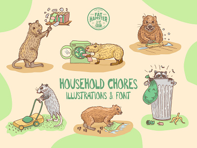 Household Chores hand drawn animal illustrations and font design and sloth animal branding design fat hamster font graphic design hand drawn household chores housework illustration sloth typeface unique vector