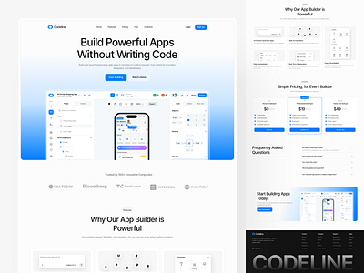 NoCode App Builder – Modern SaaS Landing Page ai app builder cleanui code creative designsystem figma header interaction landing modern nocode review saas section ui writing code