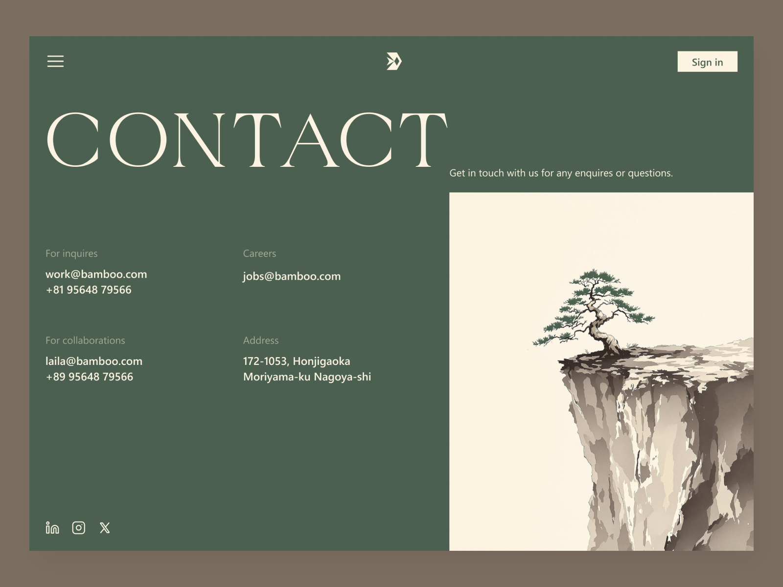 Contact Page for Bamboo Fish agency website art art website contact contact page design figma graphic design green illustration ui ui design uiux ux web design website design