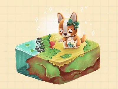 Doggy adorable animal artwork bird bobba tea character colorful corgi cute design digital dog drawing graphic design illustration isometric nature orange pet wholesome