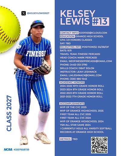 Kelsey Lewis #13 Class 2027 SOFTBALL BIO baseball bio blue college finesse graphic design highschool honor roll orange high school pinstripe jersey resume simple softball sports wake hustle grind