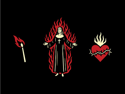 Holy Fire branding fire illustration logo matchstick nun scared heart