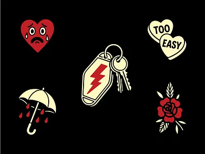 Heartbreak Motel candy hearts heart icons illustration keychain motel roses type typography umbrella