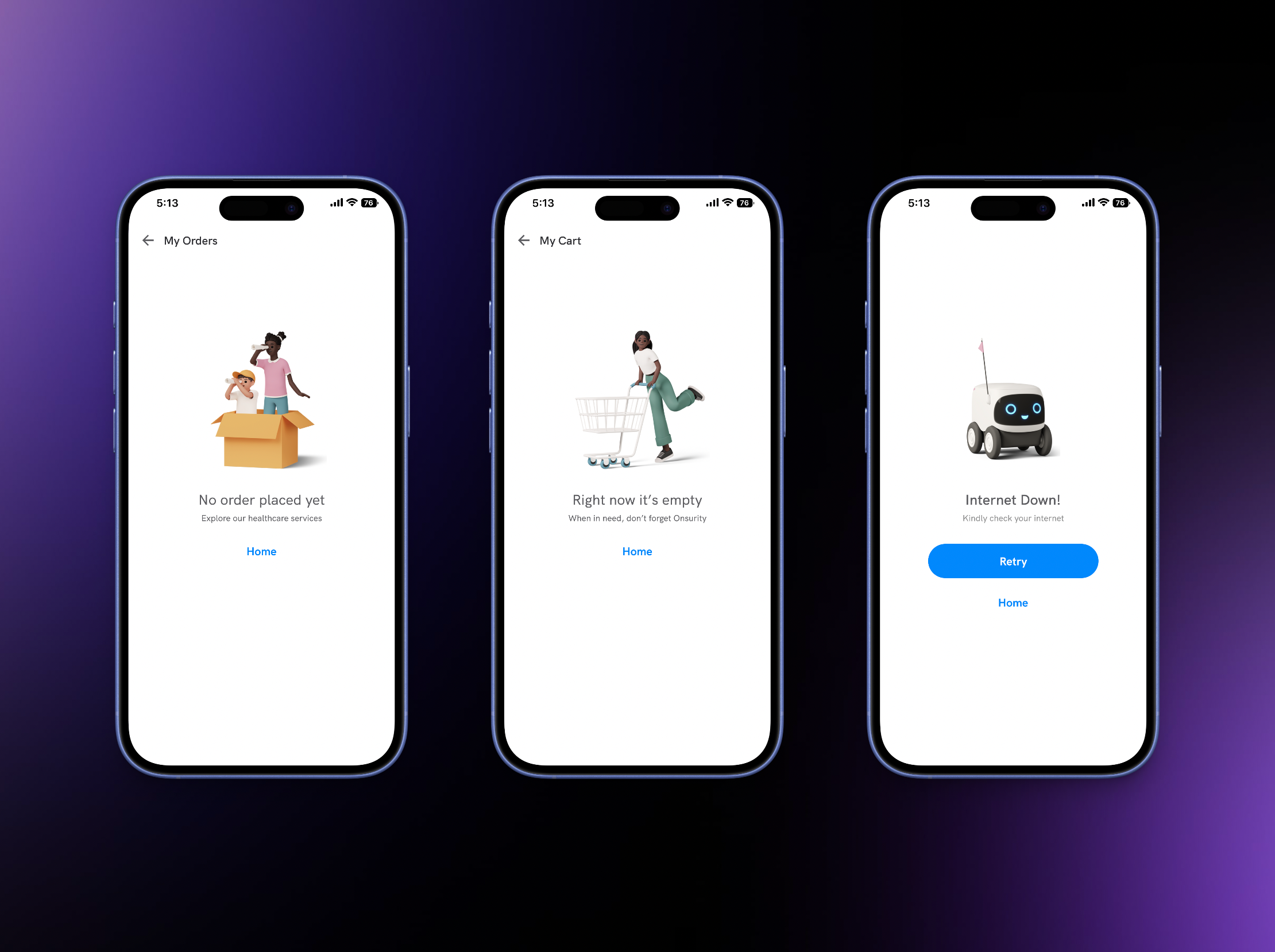 Empty State Screen- No order, My Cart, No Internet app empty state error state illustration ui ui design visual design