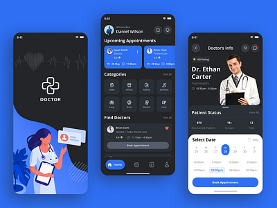 Doctor Appointment App UI – Healthcare Design appointment booking clean ui dark mode app doctor app health app healthcare ui medical app mobile app design uiux design ux case study
