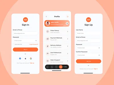 Seamless Sign In & Sign Up Flow – Mobile UI Concept branding designinspiration dribbbleweeklywarmup figmadesign fooddeliveryapp mobile app mobileapp mobileui product design productdesign profile sign in sign up signin signup ui uidesign uikit uxdesign