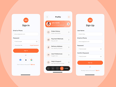 Seamless Sign In & Sign Up Flow – Mobile UI Concept branding designinspiration dribbbleweeklywarmup figmadesign fooddeliveryapp mobile app mobileapp mobileui product design productdesign profile sign in sign up signin signup ui uidesign uikit uxdesign