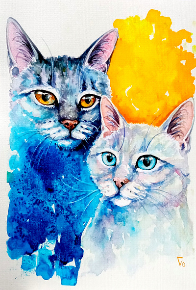 Original Watercolor Cat Art – Ukrainian Flag Colors animal art cat hand painted handmade paint painting pet ukraine