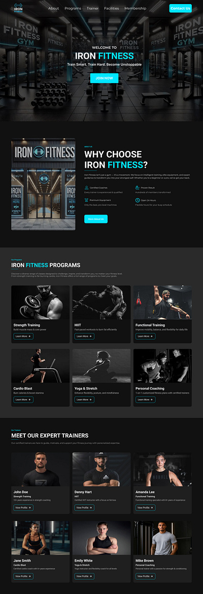 IRON FITNESS - Modern Gym Landing Page dark gym ui darktheme designconcept figma fitness landing page fitnessdesign gym ironfitness landing page modern fitness ui neonui onepagewebsite responsive design sports website ui ux uxdesign visualdesign webdesign webui