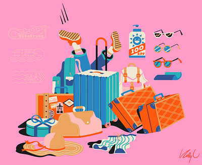 Travel Log: Day 1 backpack branding graphic design illustration luggage passport stamps stickers summer sunglasses travel log traveling typography vacation