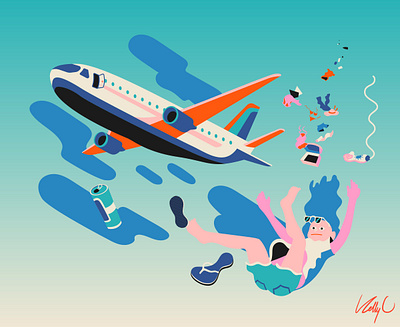 Travel Log: Day 2 air plane branding crash falling flying graphic design illustration lost luggage passport sky summer sunscreen travel log traveling vacation