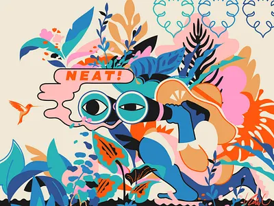 Travel Log: Day 4 binoculars bird watching branding floppy hat forest graphic design humming bird illustration jungle pattern plants speech bubble summer travel travel log tropical vacation