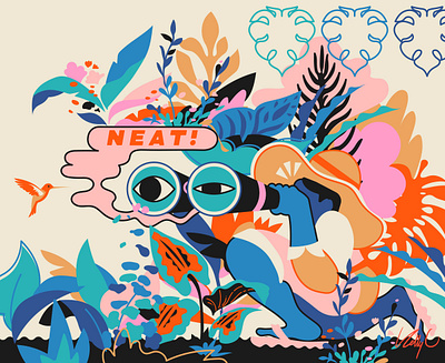 Travel Log: Day 4 binoculars bird watching branding floppy hat forest graphic design humming bird illustration jungle pattern plants speech bubble summer travel travel log tropical vacation