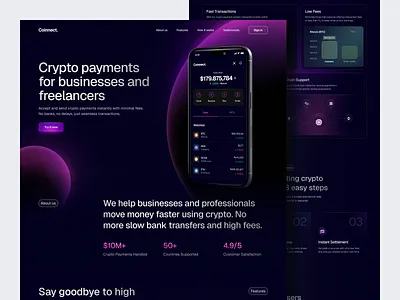 Crypto Payment Platform - Landing Page blockchain blockchain landing page cryptocurrency cryto landing page cyrpto wallet darkmode fintech fintech landing page landing page saas landing page web 3 landing page web design web3 web3 wallet