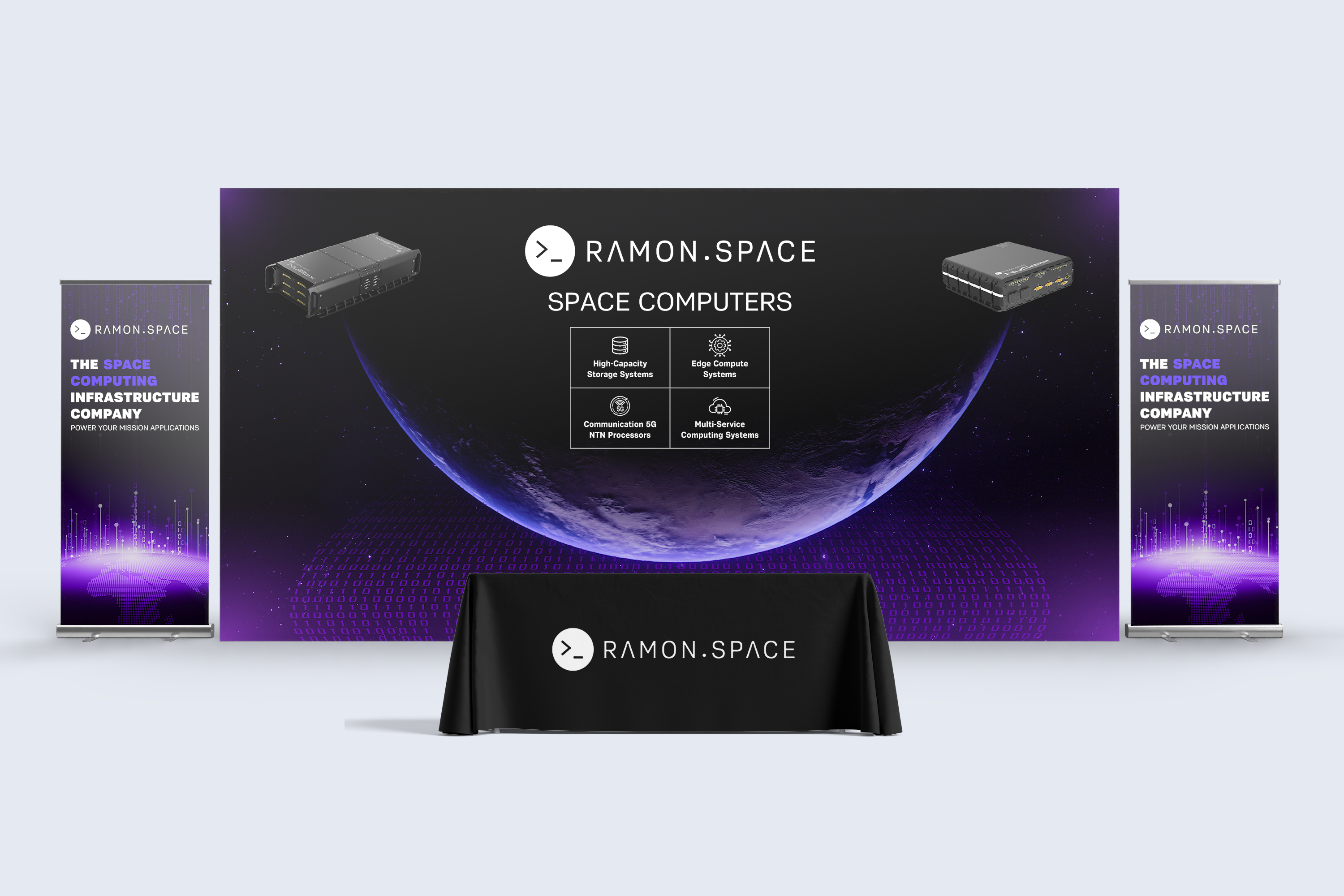 Tradeshow Booth Design for Space Computing Company backdrop banner booth computing exhibit expo graphic design roll up banner space tablecloth design trade show banner trade show design tradeshow