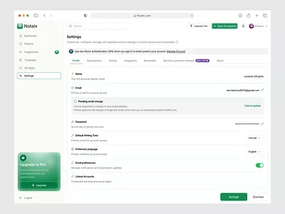 Notalx - Dashboard AI SAAS Writing - Setting Page ai animation card clean dashboard dashboard ai design document modern saas saas dashboard setting setting page smooth ui uiux ux web app writing ai