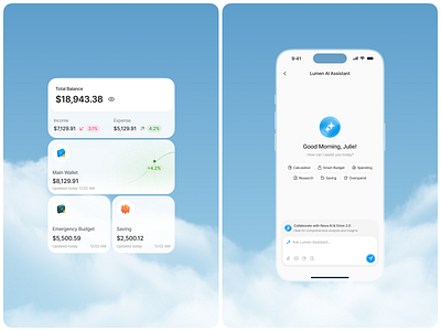 Lumen - AI Finance Tracker [ AI Assistant] ai assistant budget clean finance finance app minimalism mobile money management saving spending tracker tracking ui ux wallet