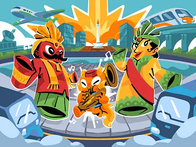 Nika Around The World - Vol.1 Jakarta 2d colorful design graphic design illustration illustration design illustration scene jakarta mascot mascot design mascot series nika ondel ondel scene technology vibrant