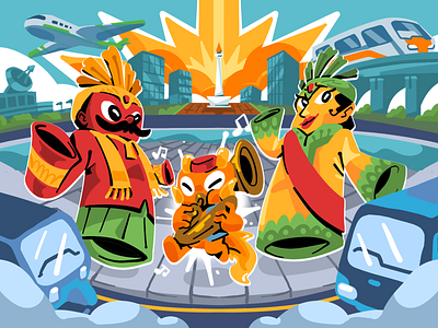 Nika Around The World - Vol.1 Jakarta 2d colorful design graphic design illustration illustration design illustration scene jakarta mascot mascot design mascot series nika ondel ondel scene technology vibrant
